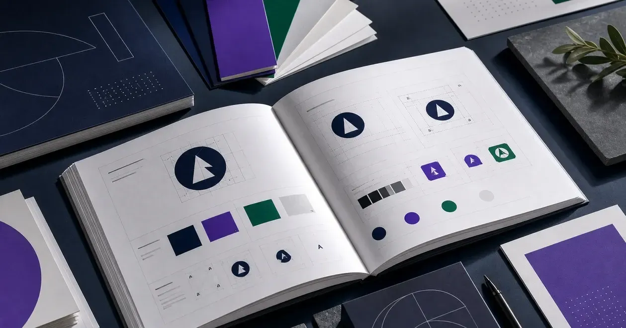 Brand book with logo rules, colors, typography, asset examples and rollout patterns