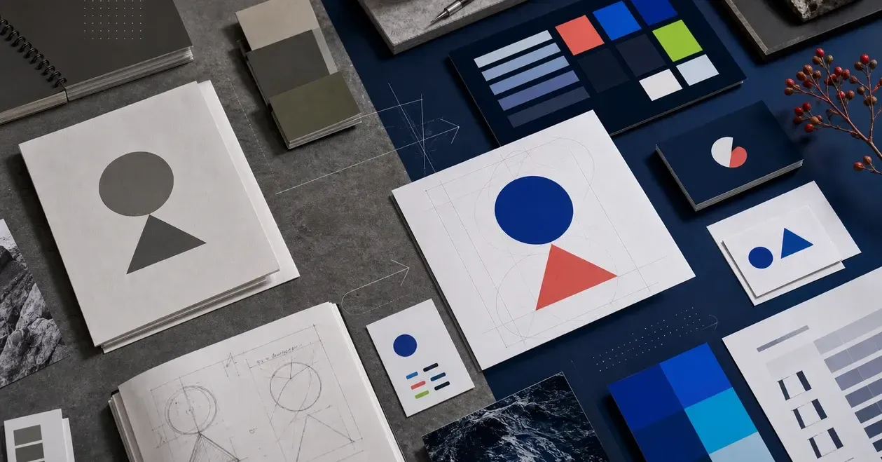 Brand redesign with old logo, new visual system, documents and social media assets