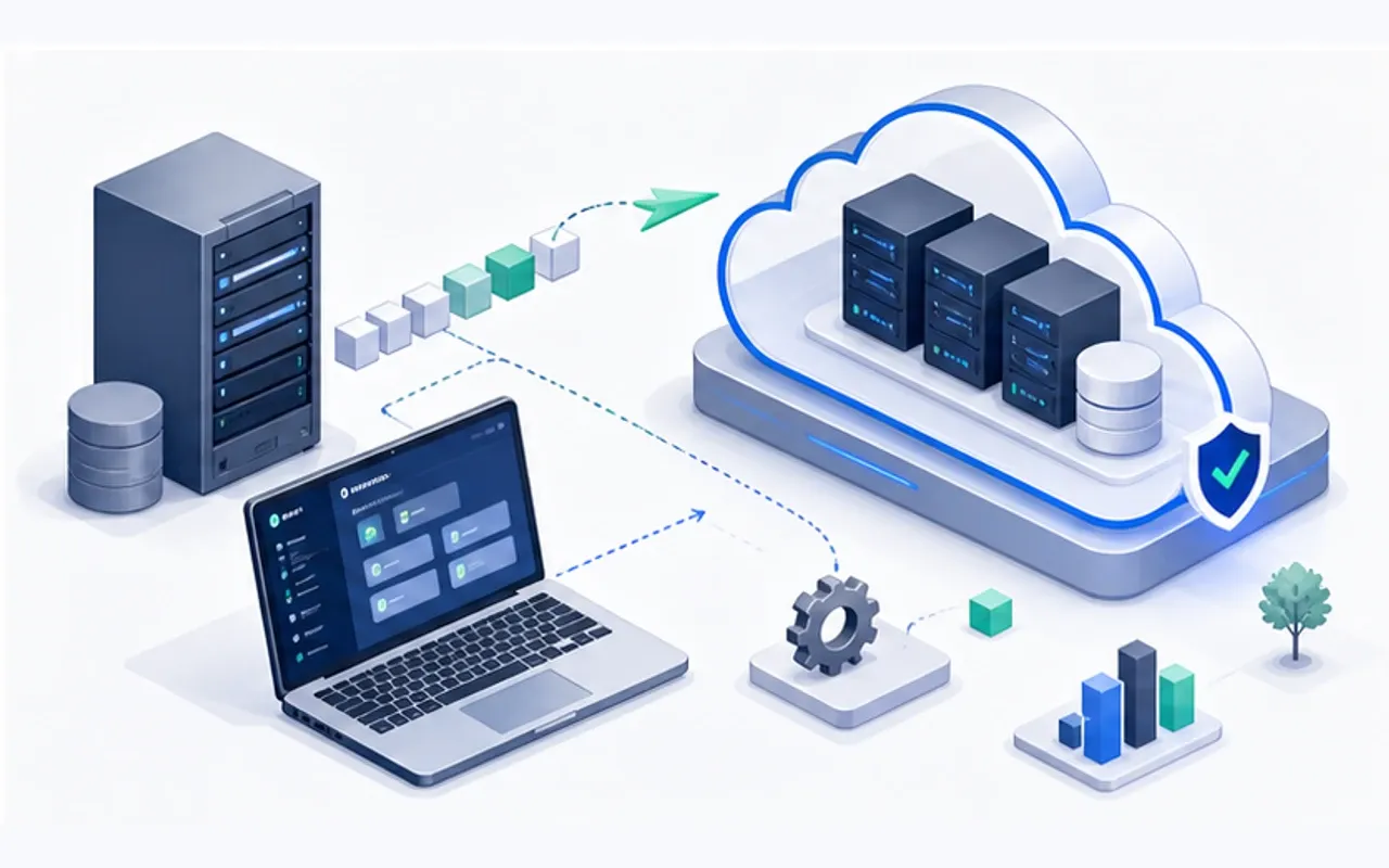 Swiss cloud architecture with hosting, migration, backups and secure access for SMEs