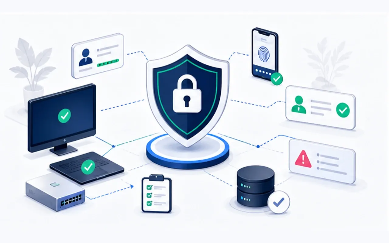 SME cybersecurity interface with user access, backups, alerts and security posture