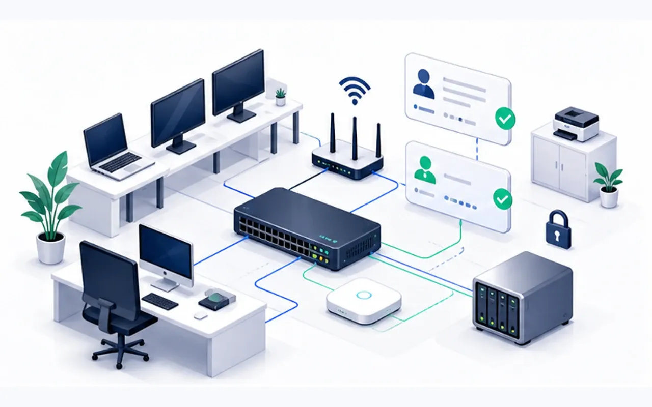 SME IT infrastructure dashboard with workstations, network, user accounts and monitoring