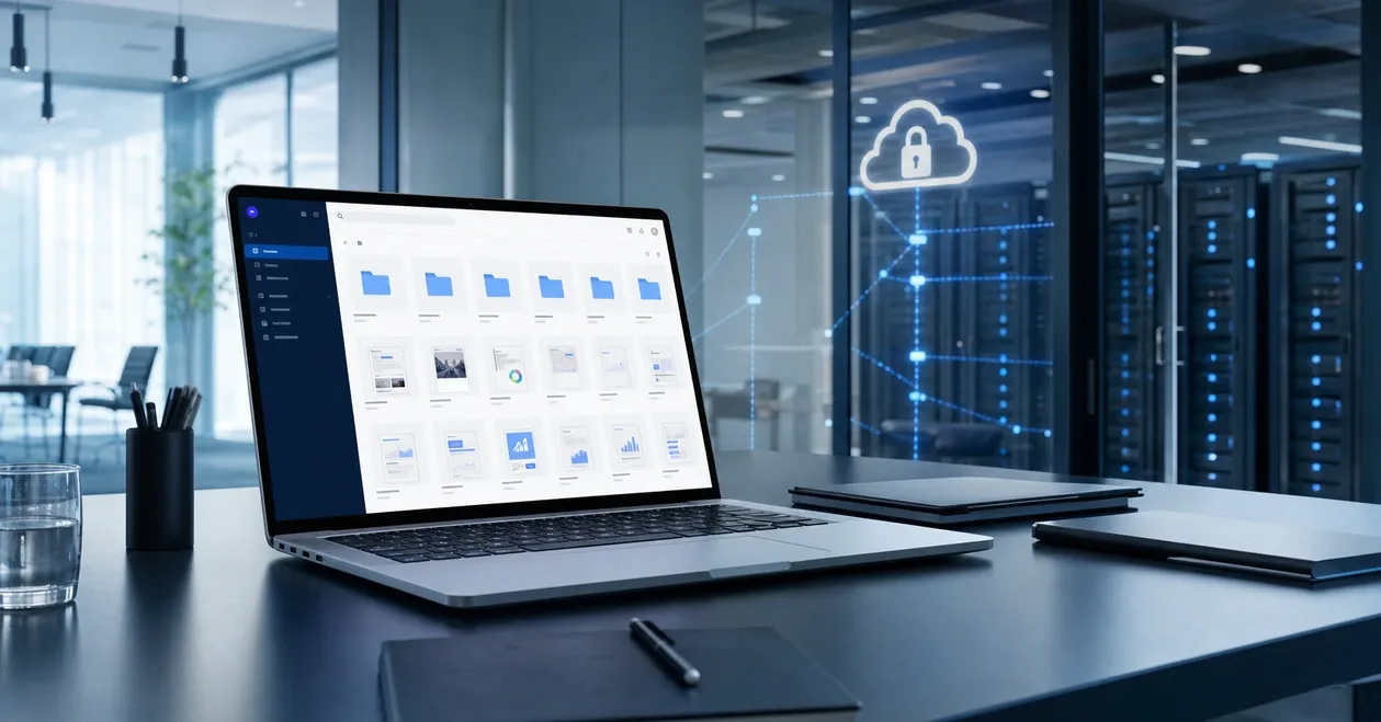 Secure cloud interface with team folders and file vault for a Swiss SME