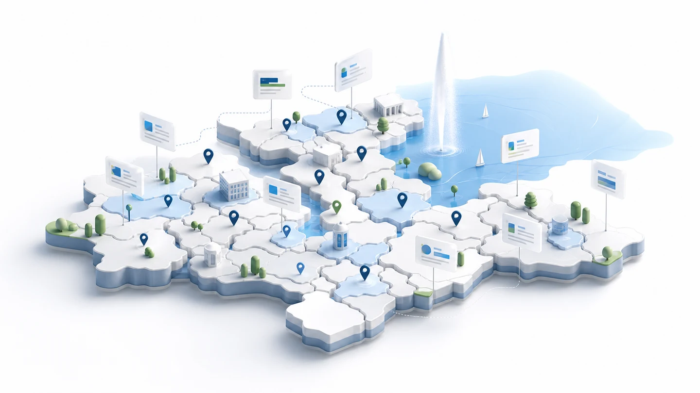 3D illustration of a Geneva website redesign connecting local zones, contact points, content and qualified enquiries