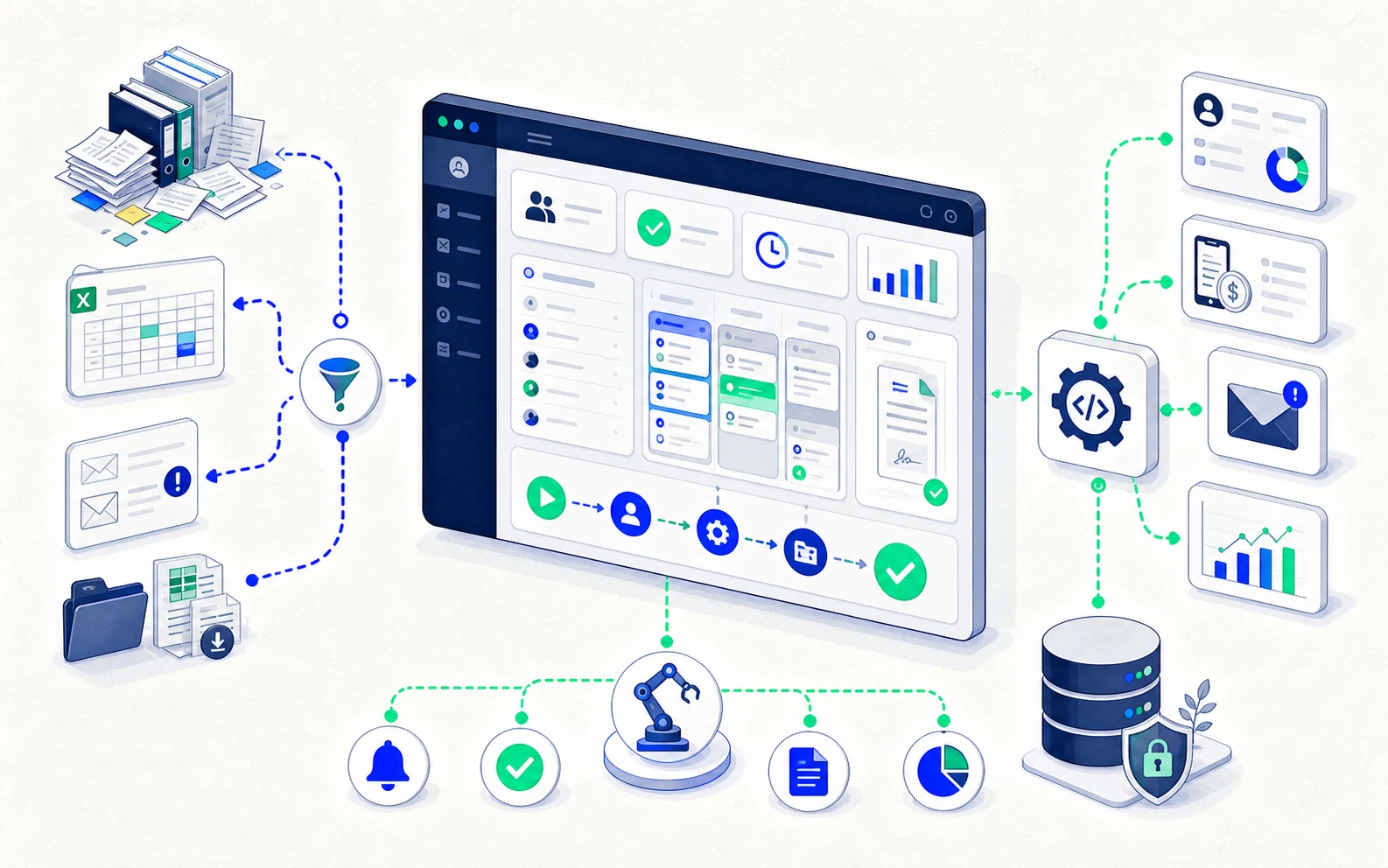 Business software interface connecting CRM, invoicing, tasks, APIs and reporting