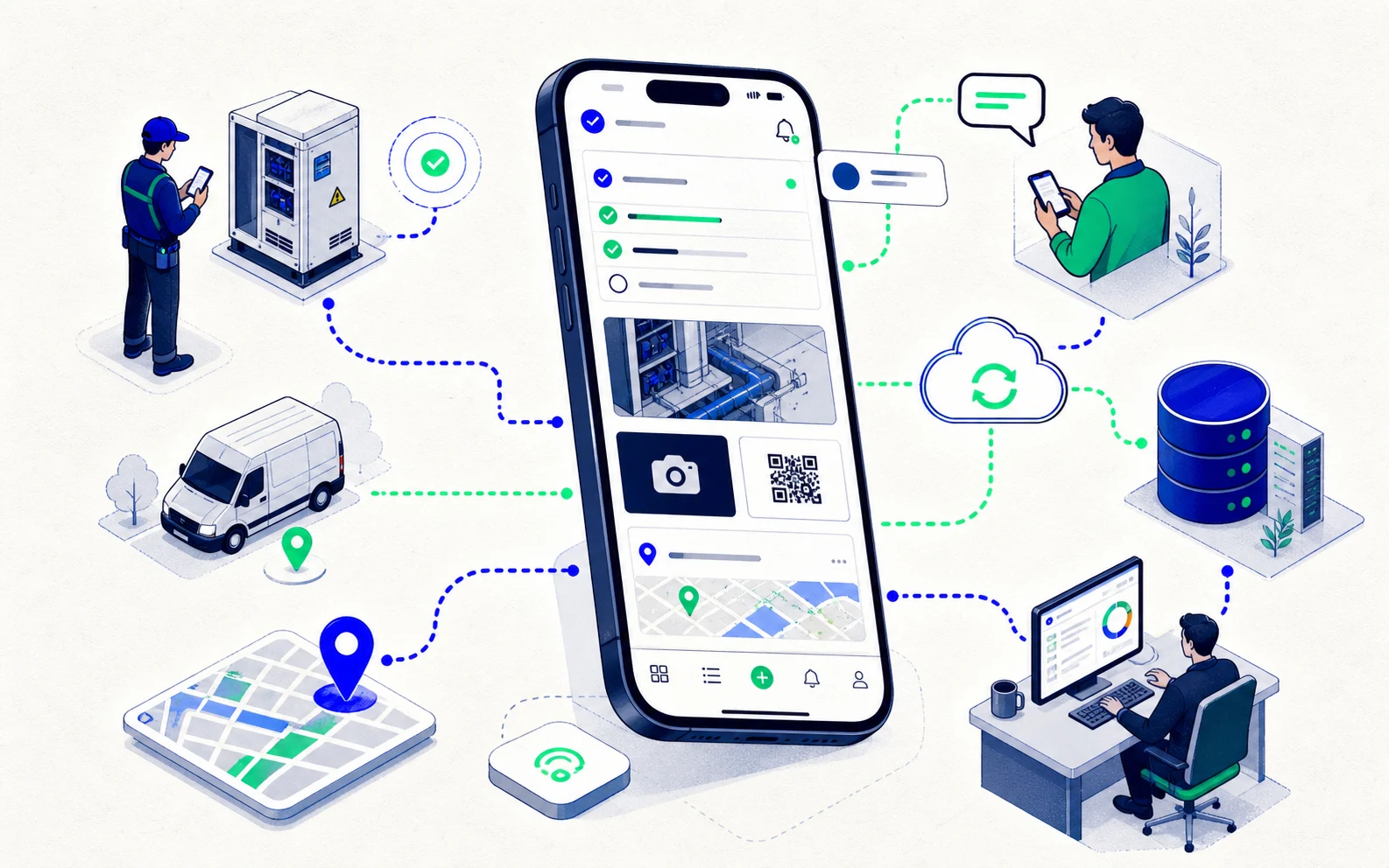 Field mobile application mockup with checklist, photos, status and synchronization