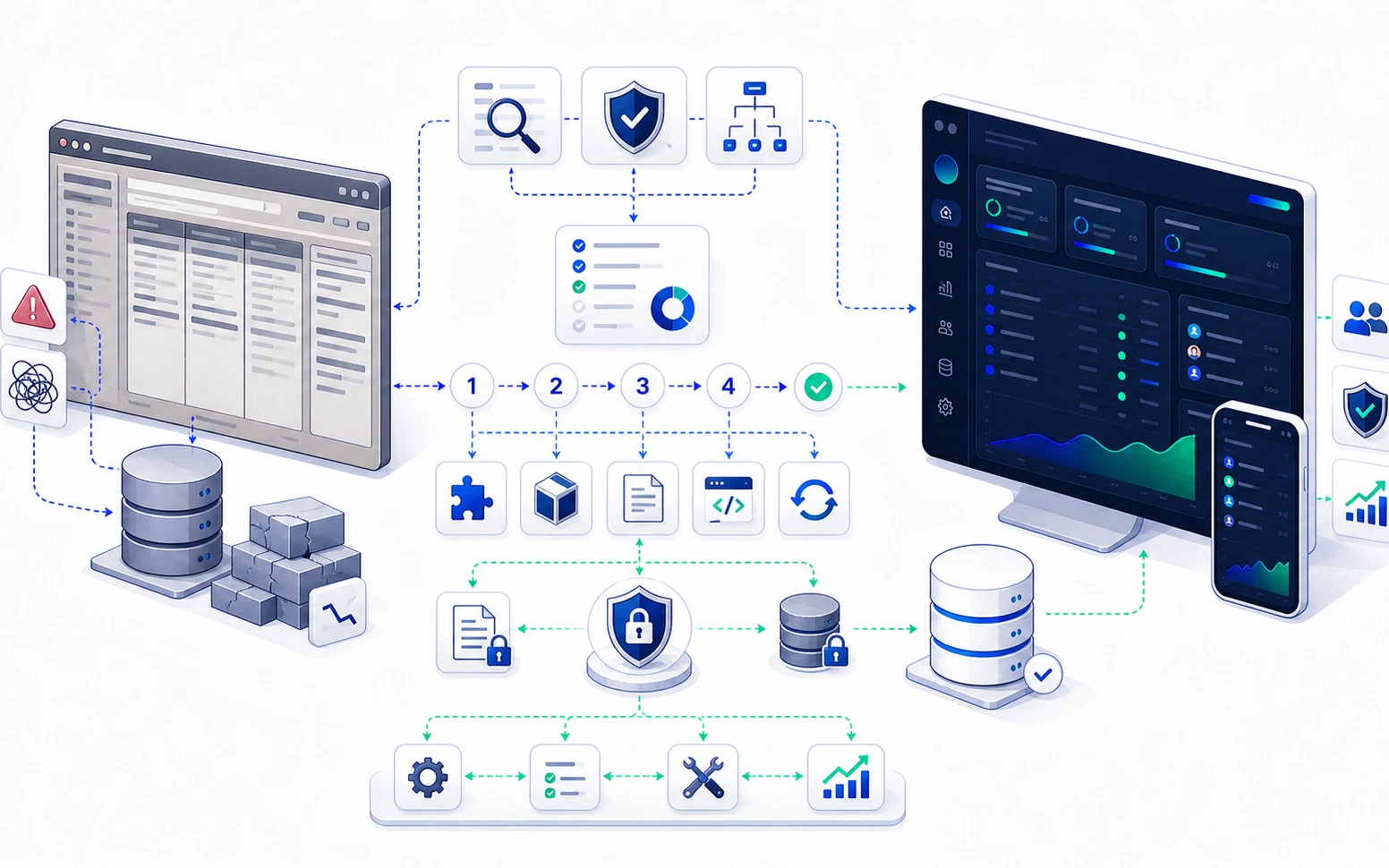 Application redesign diagram connecting legacy database, API, new interface and progressive migration