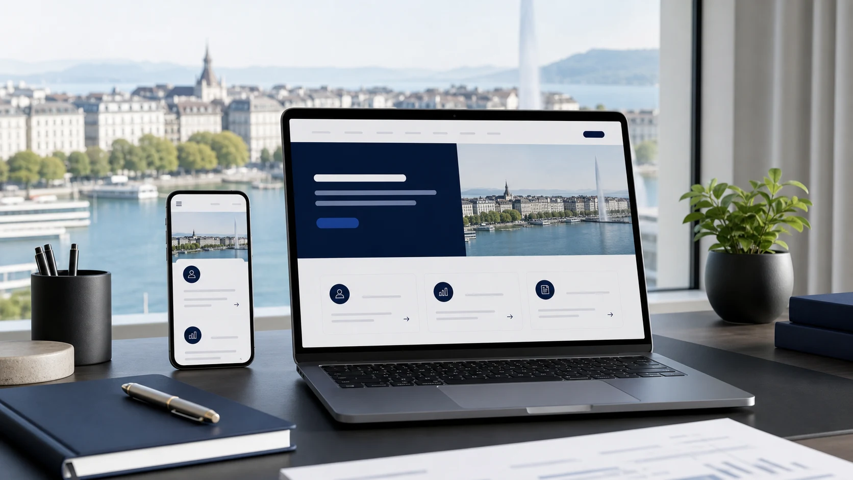 Realistic premium business website mockup for a Geneva firm, fiduciary or advisory company