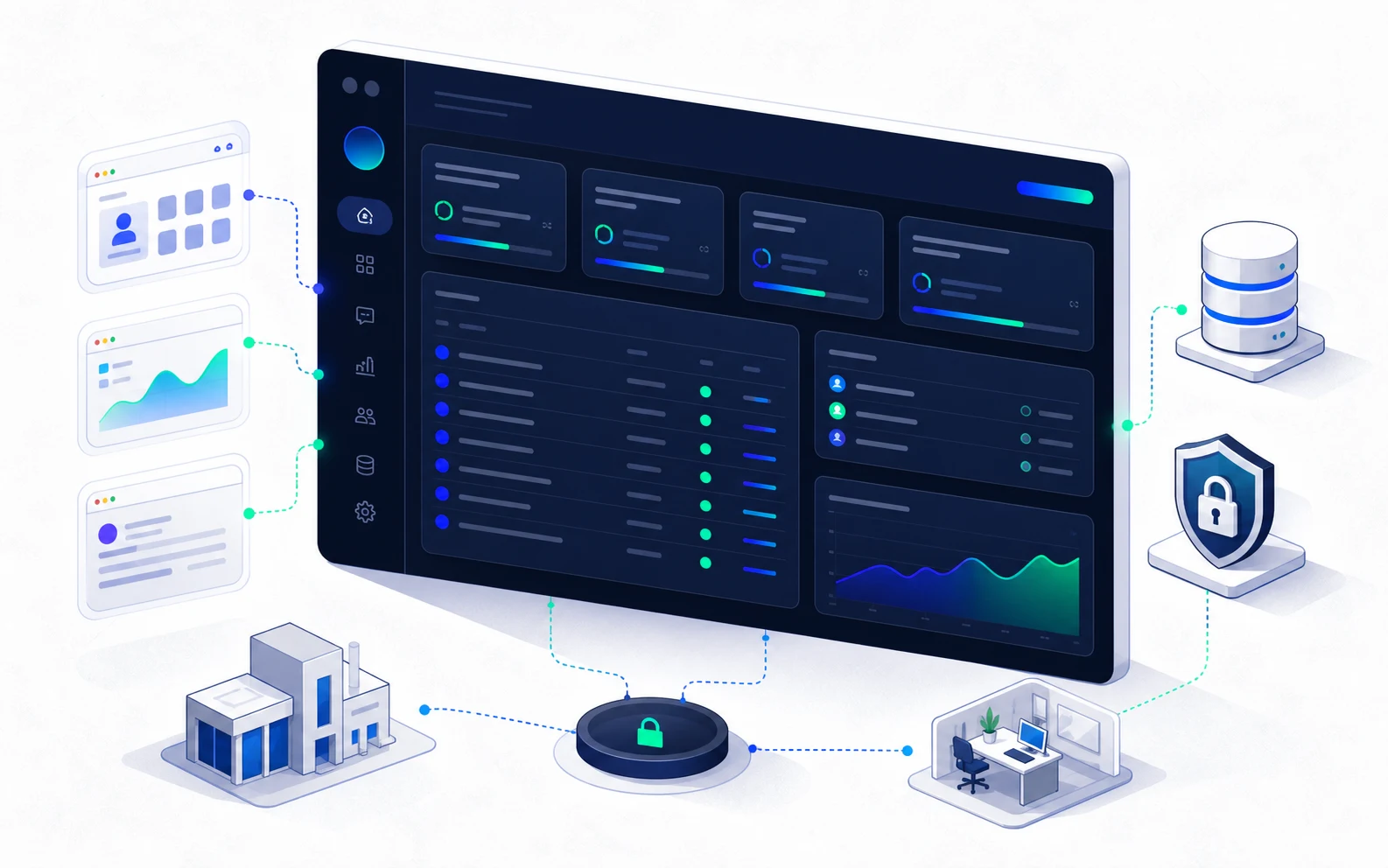 Business web app interface with dashboard, requests, statuses and indicators for a Swiss SME